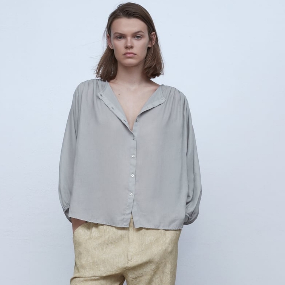 Zara Grey Light Cotton Flowy Blouse